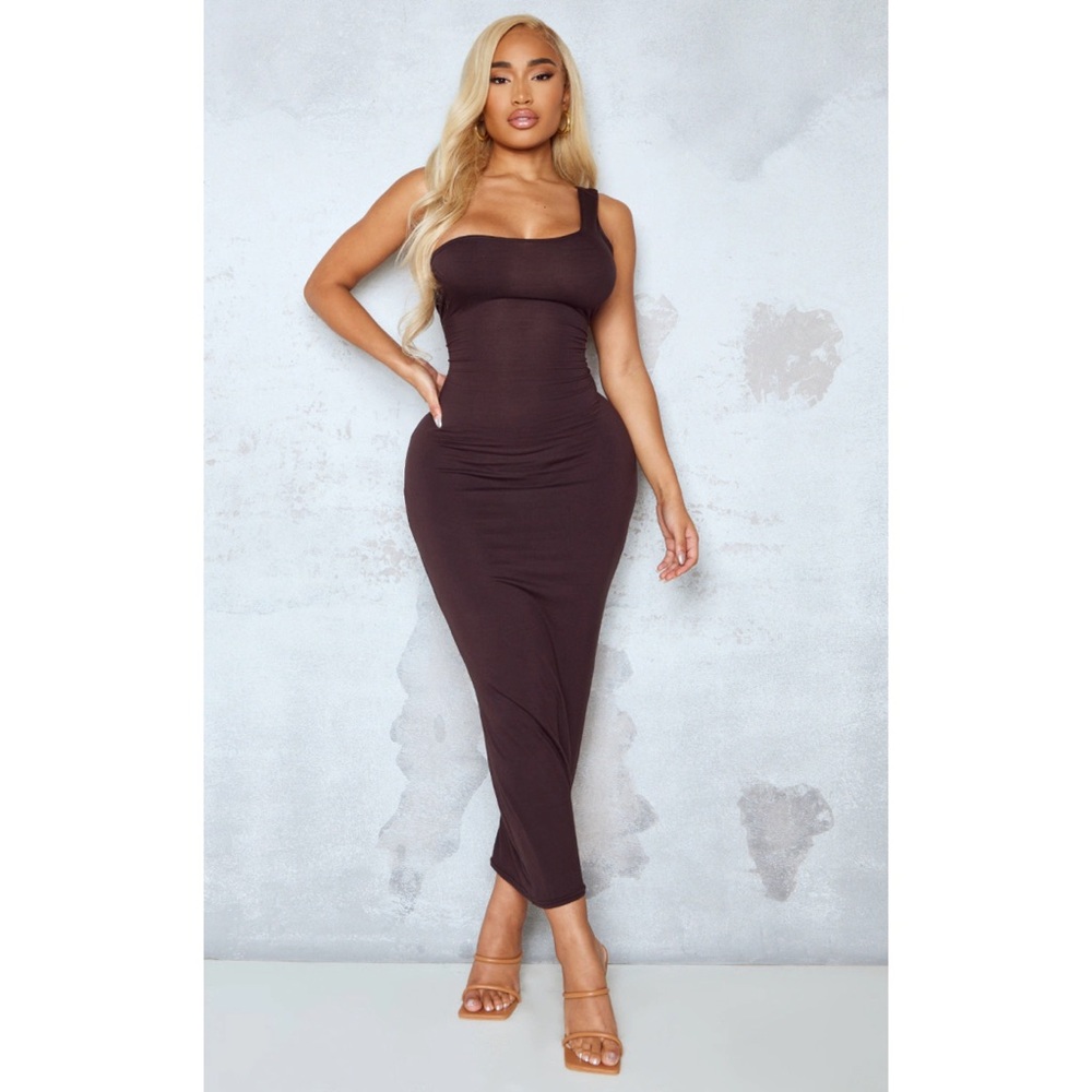 Prettylittlething Shape Soft Brown Jersey One Shoulder Midaxi Dress